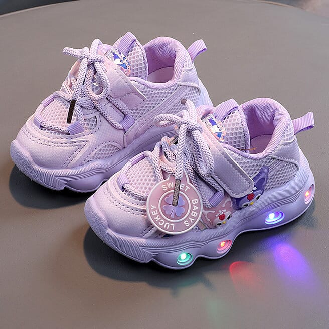 Bright light baby girls cartoon  breathable mesh soft bottom running light purple colored shoes